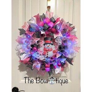 Handmade Bright Top Hat Snowman Holiday Ribbon Door Wreath 22 ins W68 Pink Black